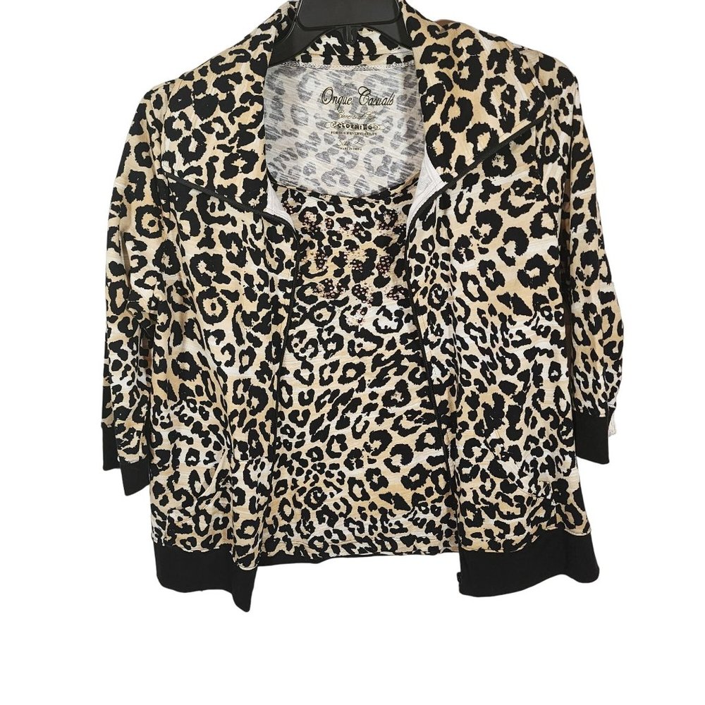 Onque Casuals Leopard Print Twin Set Short Sleeve‎ Top & Jacket NWT